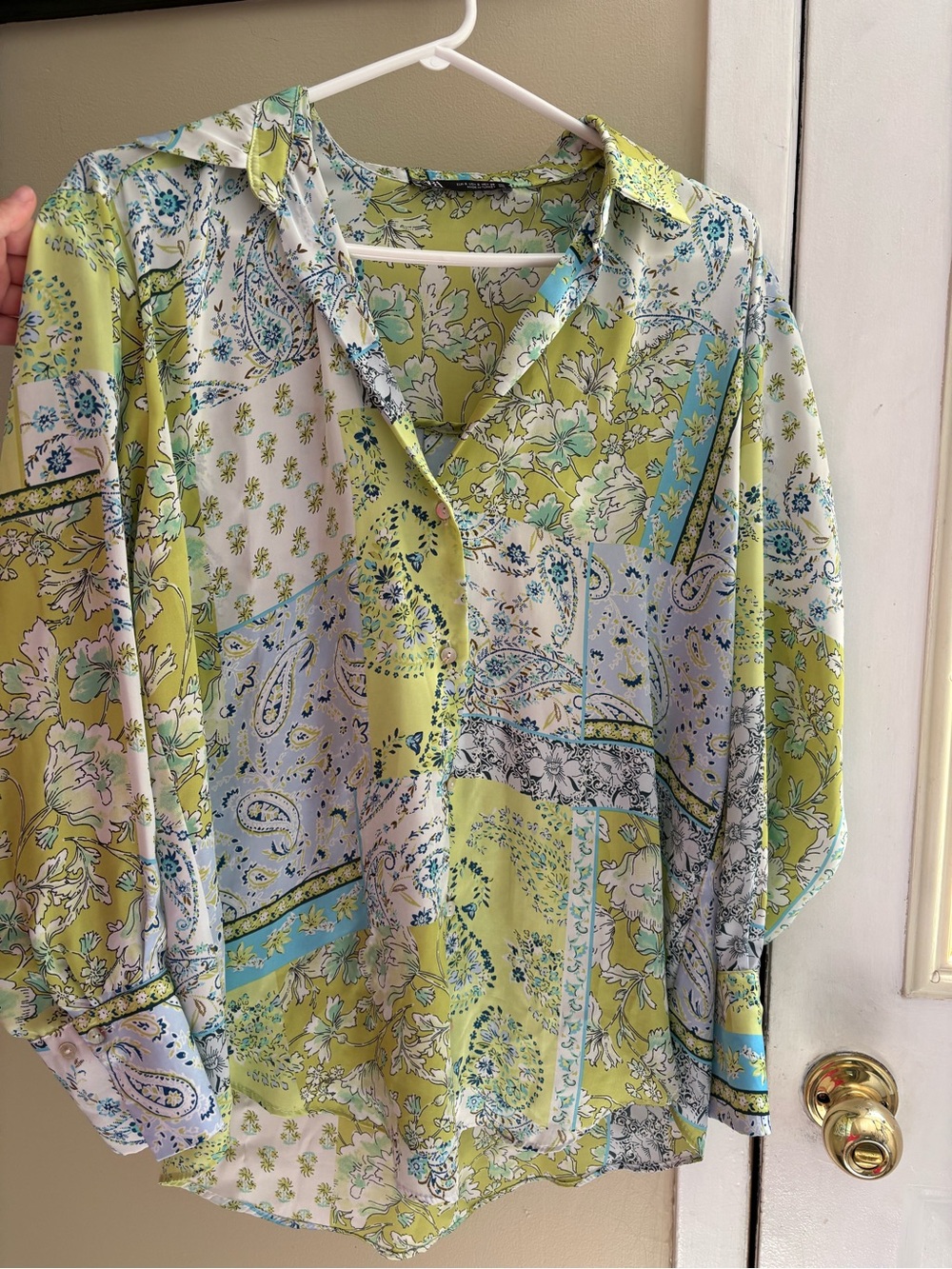 Zara- Women's Lime Green Patchwork Print Button-Front Blouse